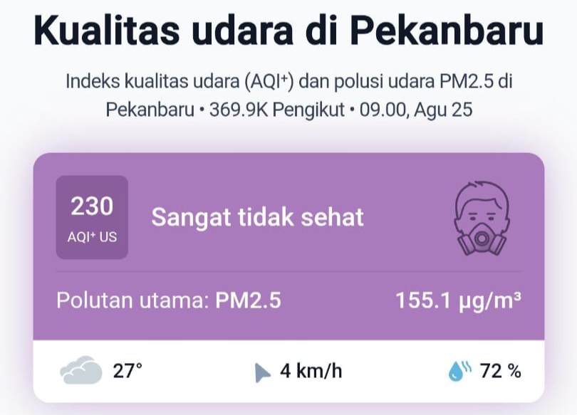 Kualitas Udara Pekanbaru Masuk Kategori Sangat Tidak Sehat, AQI Tembus 230